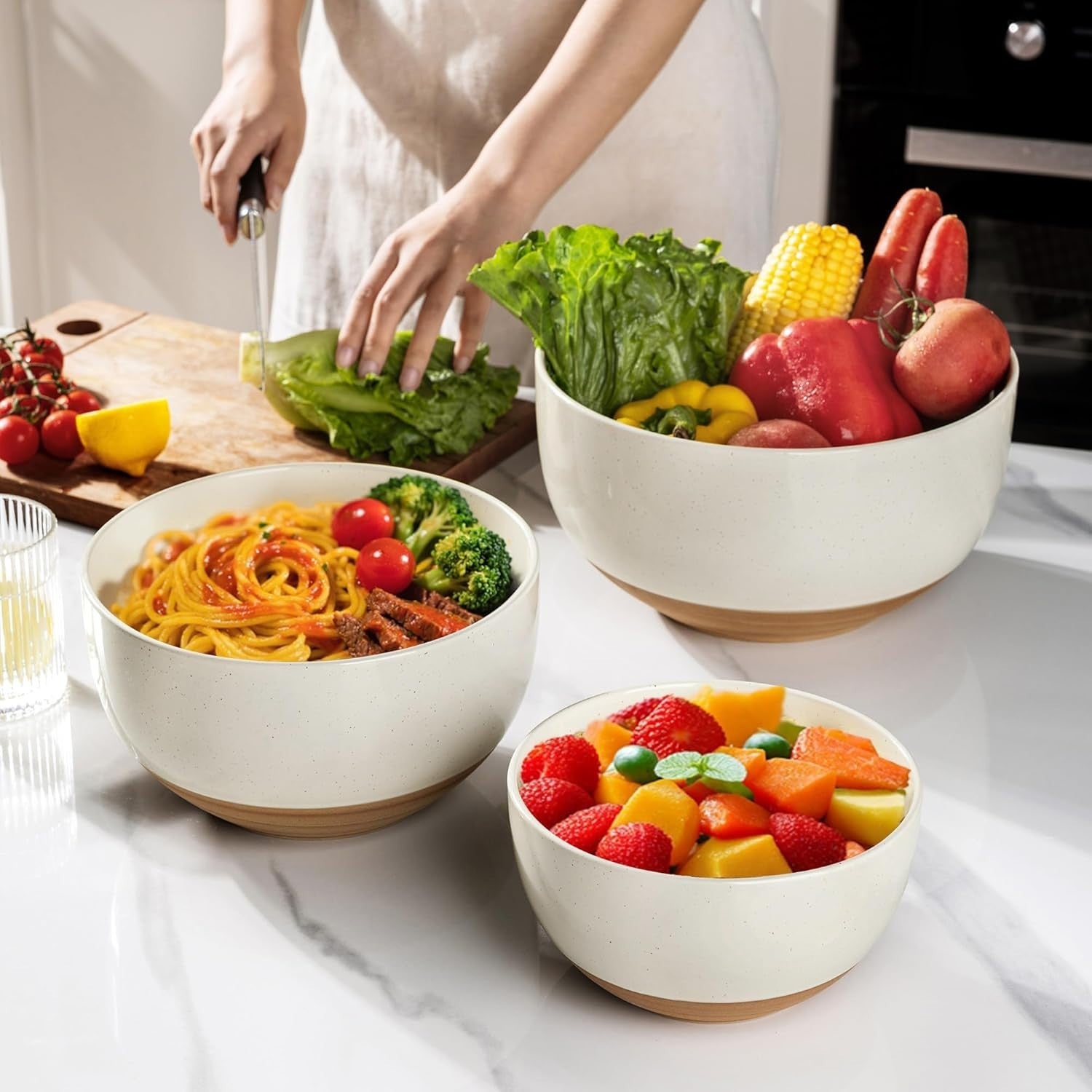 3-Piece Light Beige Ceramic Mixing Bowls Set Nesting 1.3-4.6 Qt