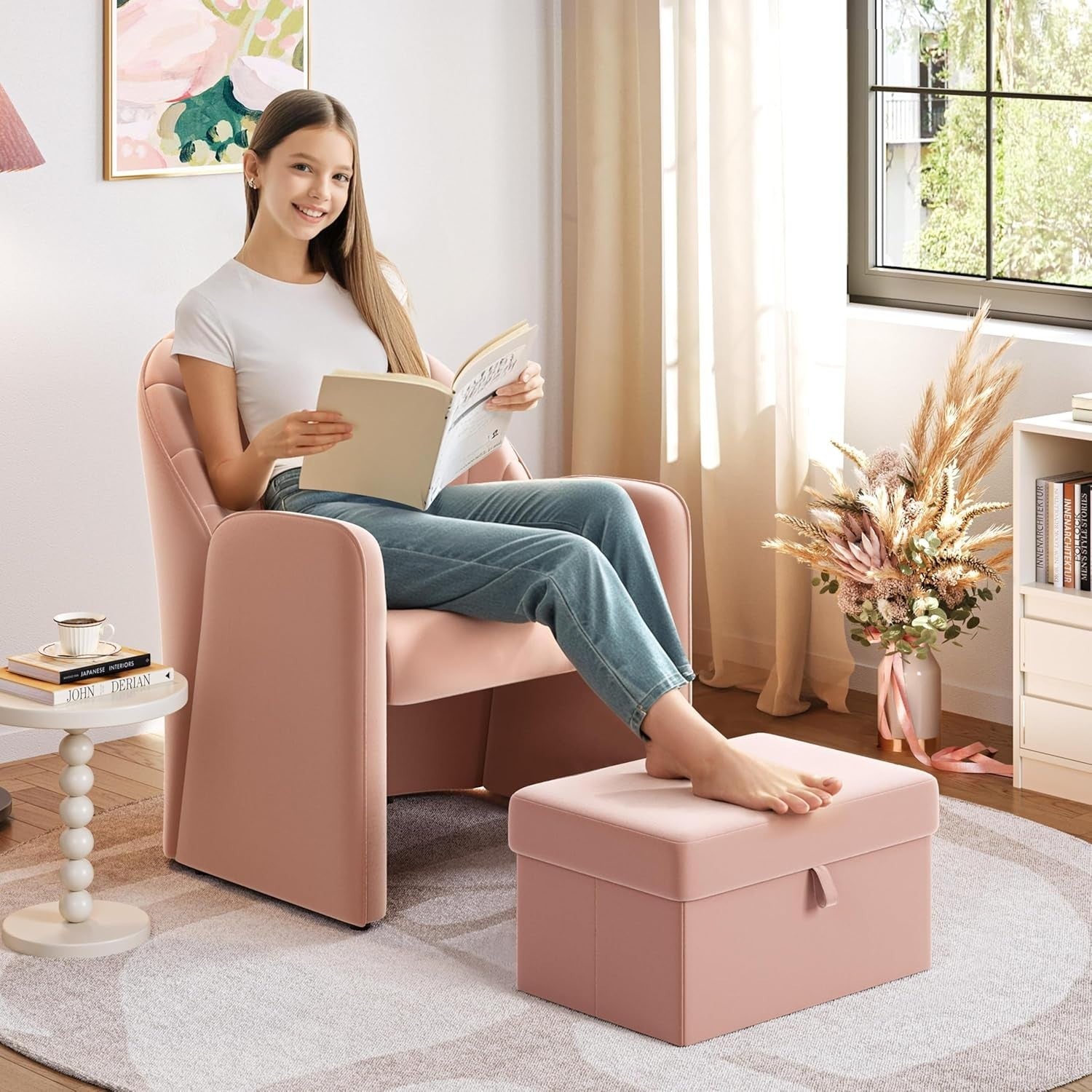 Pink Velvet Tub Chair with Storage Ottoman & Pull-Out Footrest | Compact Seat