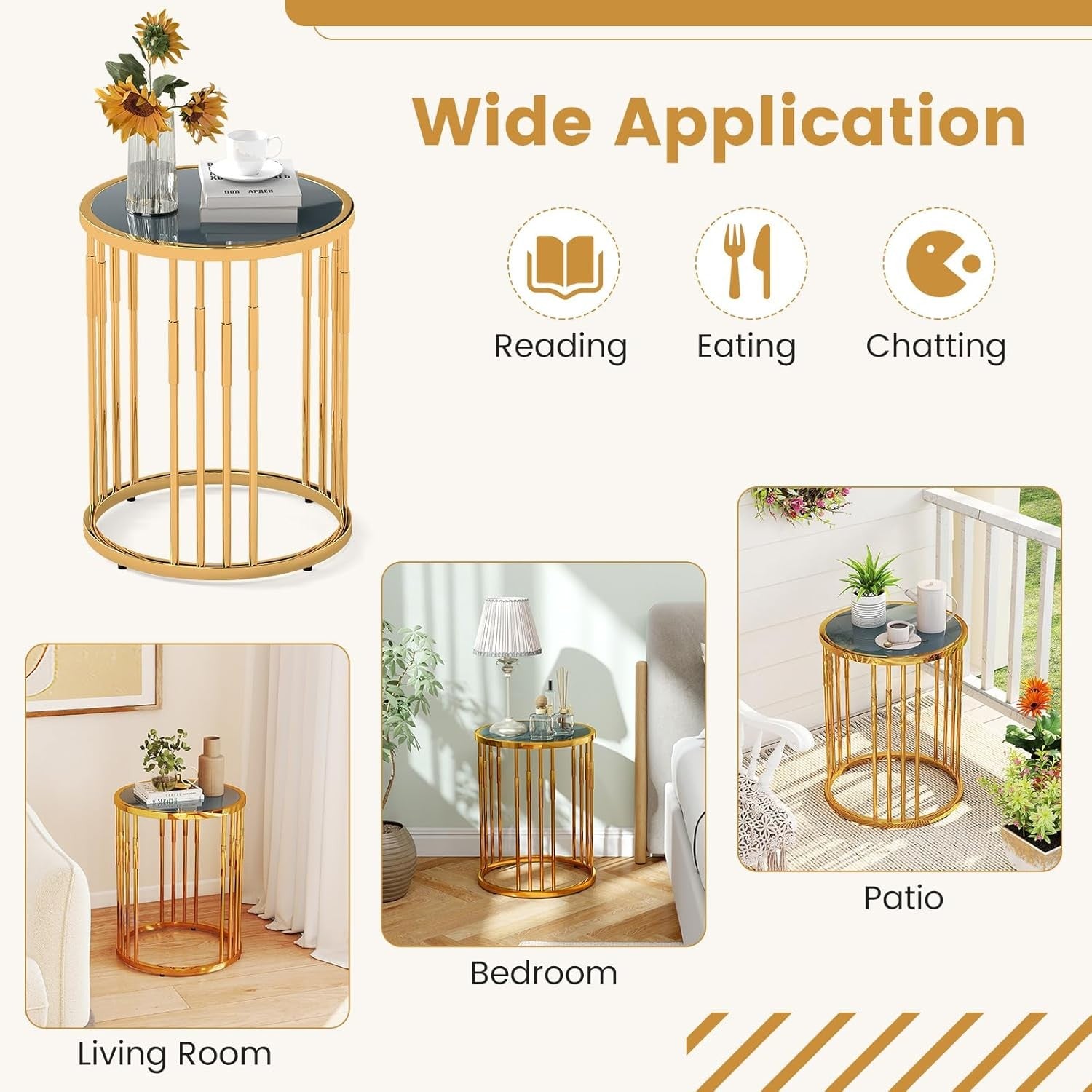 Round Gold Side Table with Glass Top | Modern Accent Sofa End Table 40cm
