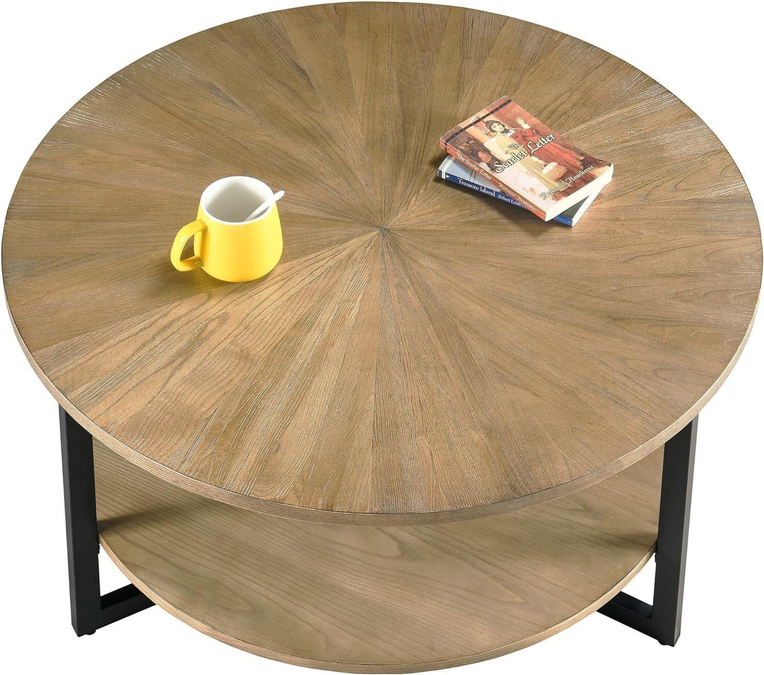 Round 2-Tier Coffee Table with Storage, Solid Wood & Metal 85x45.3cm