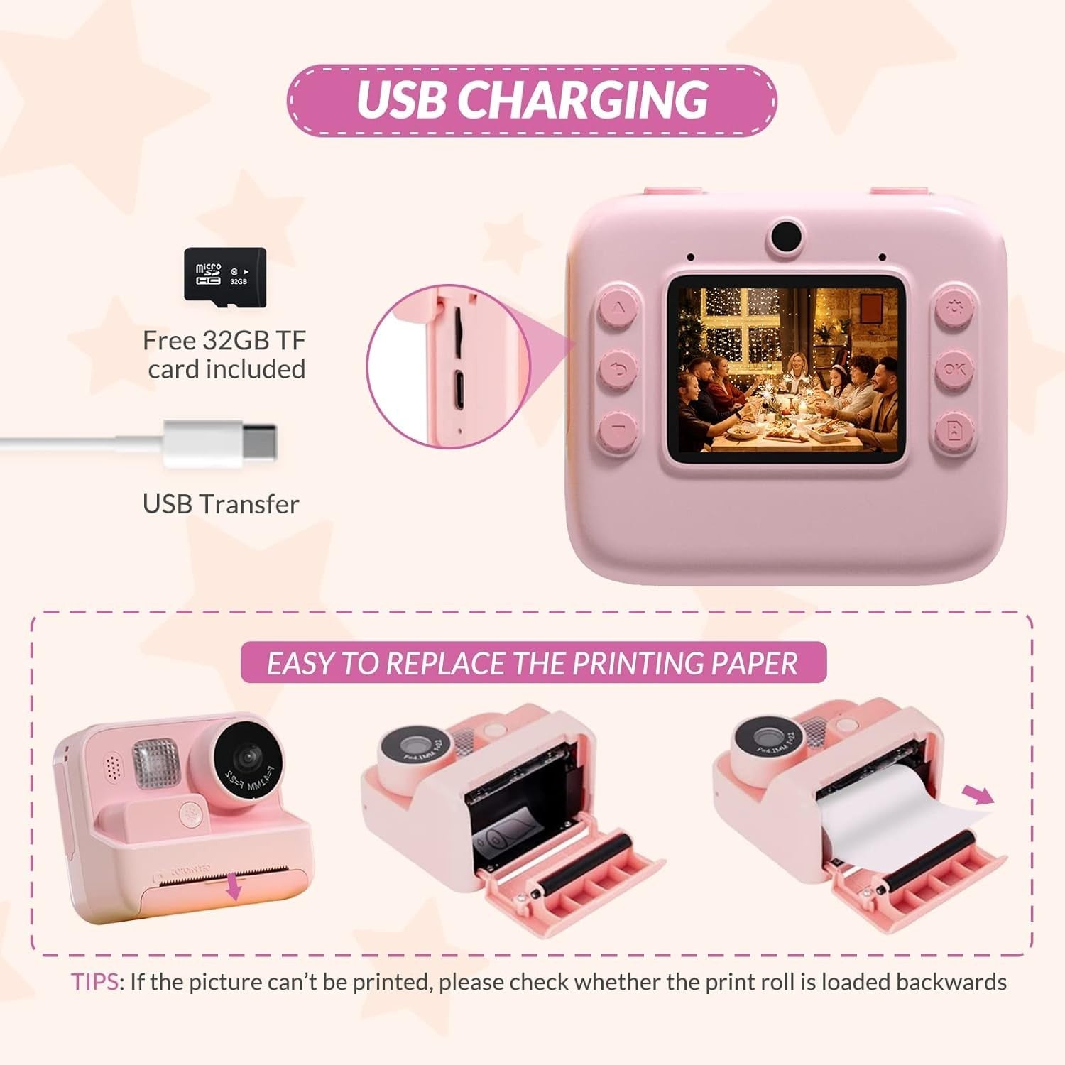 Kids Instant Print Camera 48MP Zero Ink 32GB Selfie Video Pink