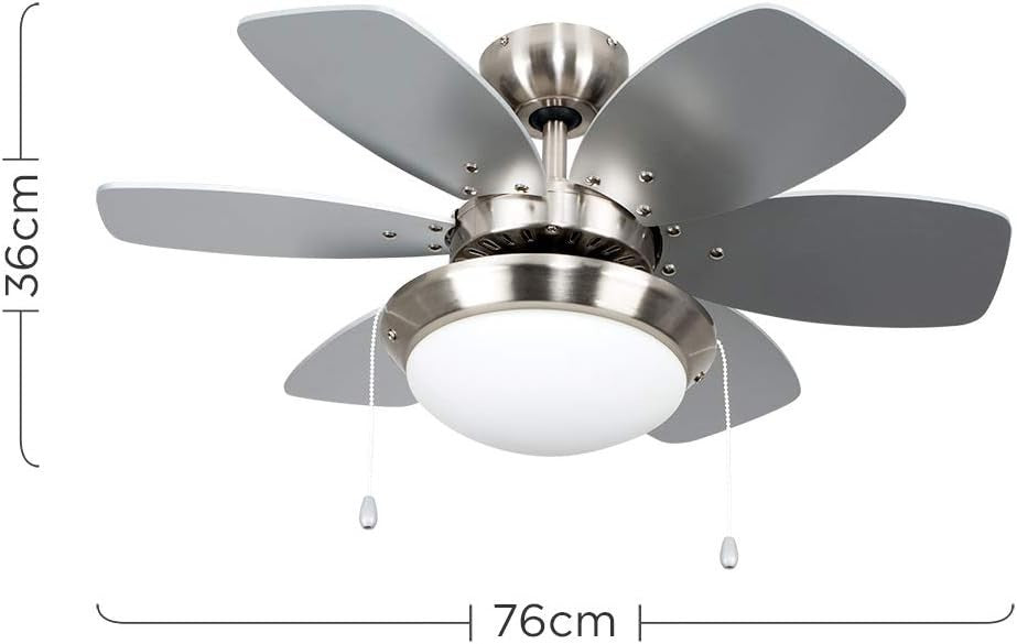 MiniSun 30"" Chrome Modern Ceiling Fan with Light & Reversible Blades, 3-Speed