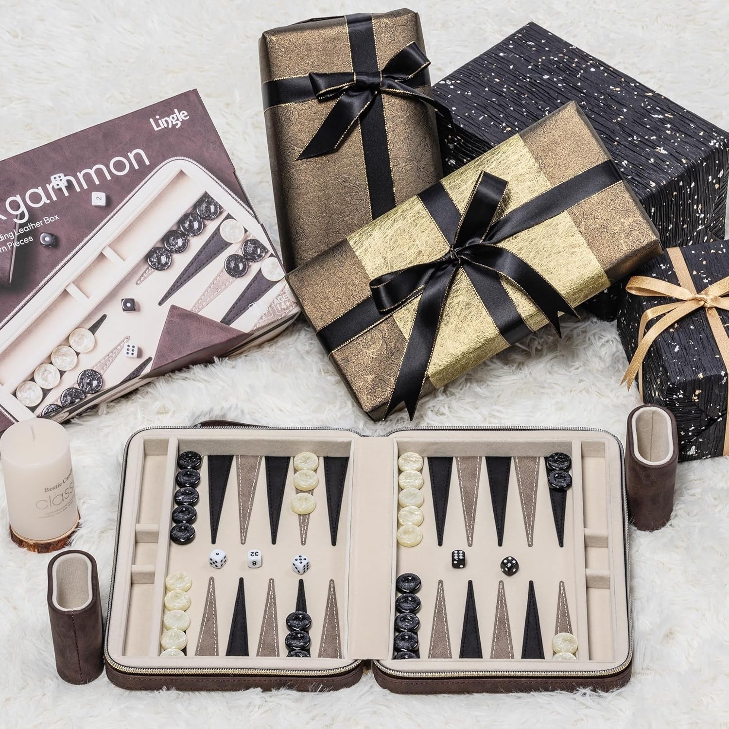 9.4 Inch Travel Backgammon Set Faux Leather Folding Board Portable