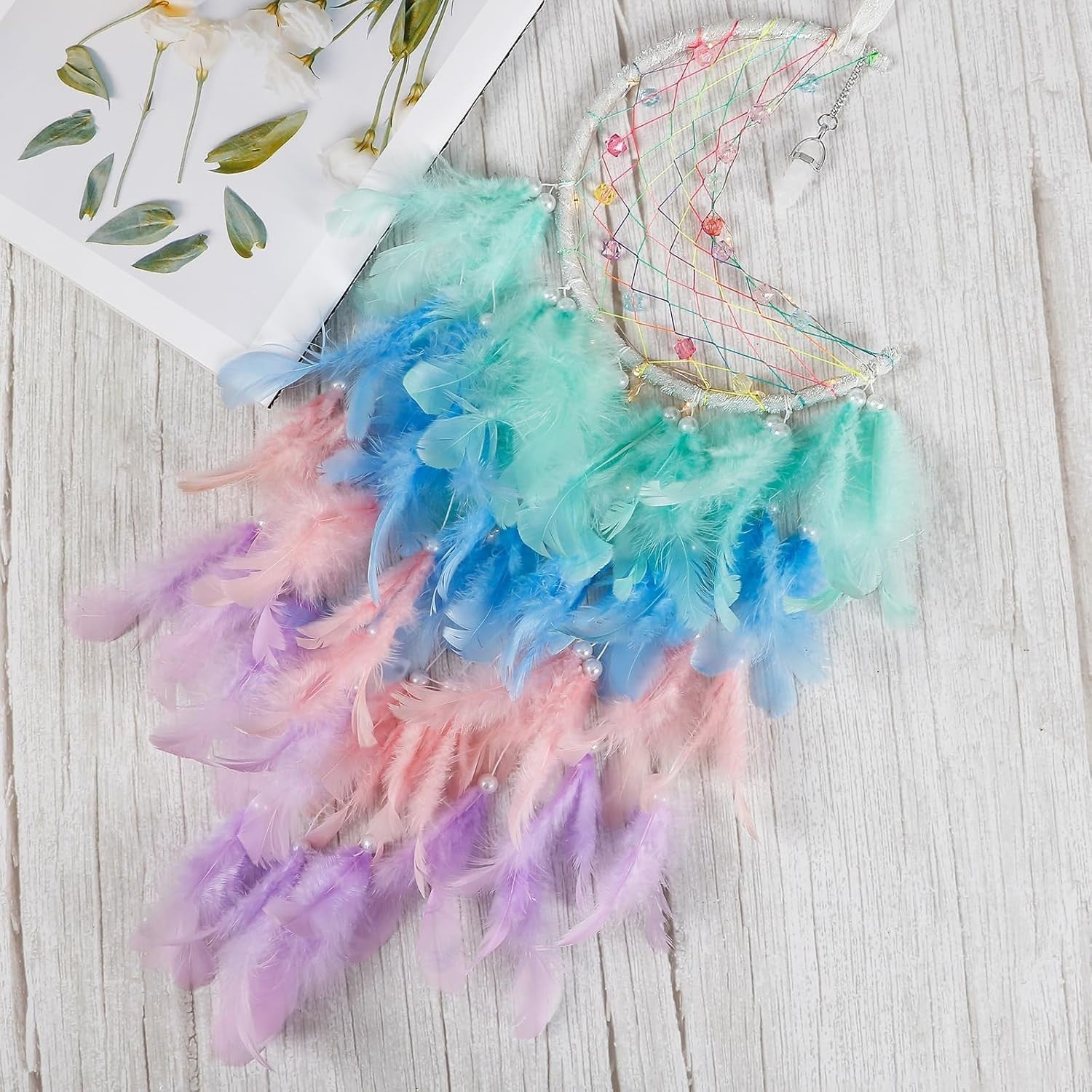 Boho Moon Dream Catcher Rainbow Feathers Fairy Lights Wall Decor
