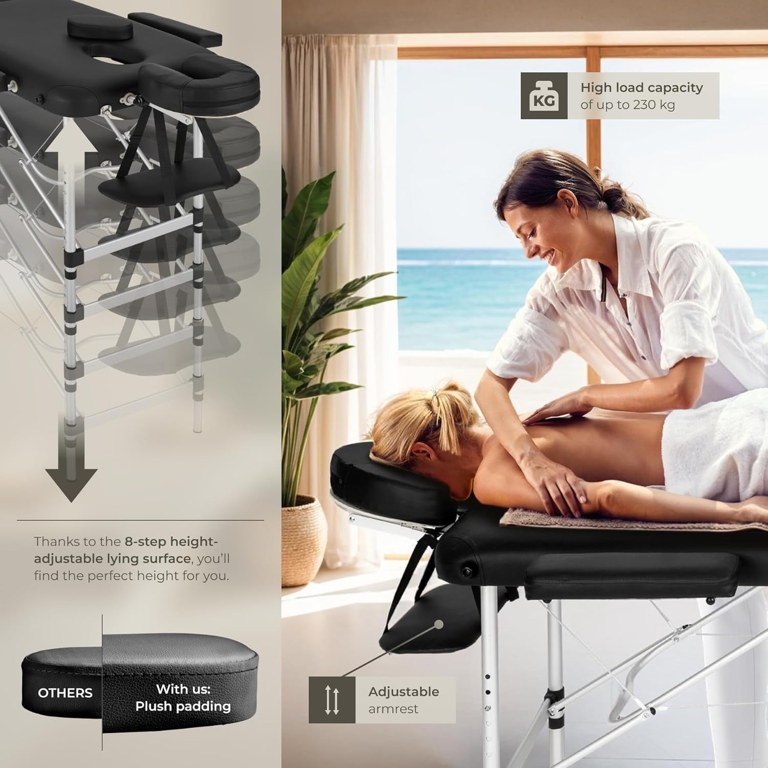 Portable 2 Section Massage Table Foldable Spa Beauty Bed 60cm Adjustable Black