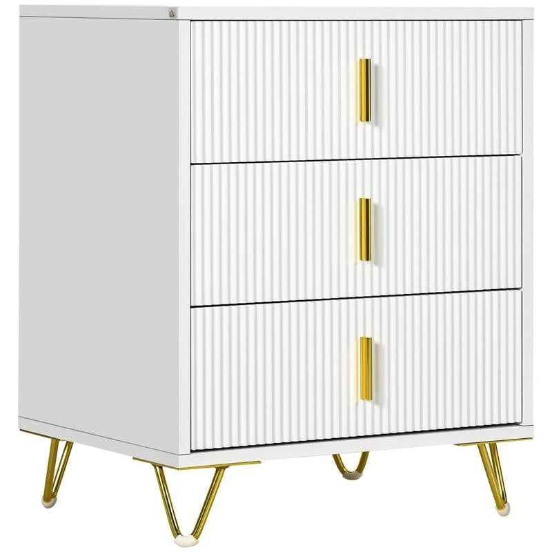 Modern White 3 Drawer Dresser with Gold Legs & Handles Bedroom Storage