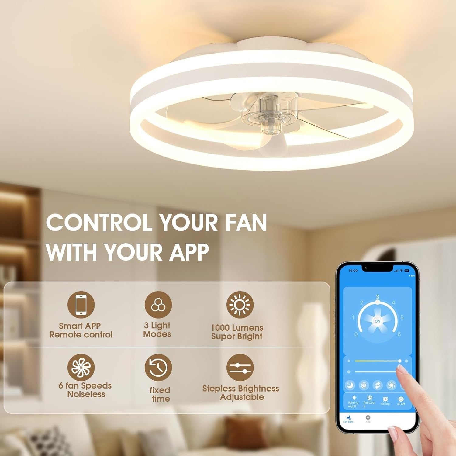 40cm LED Ceiling Fan Light with Remote, 6 Speeds, Dimmable, Quiet Airflow