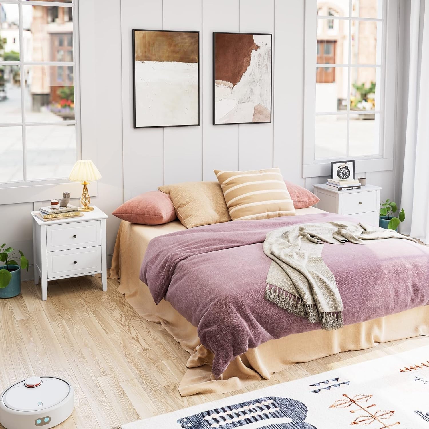 White Bedside Table with 2 Drawers | Modern Wooden Nightstand