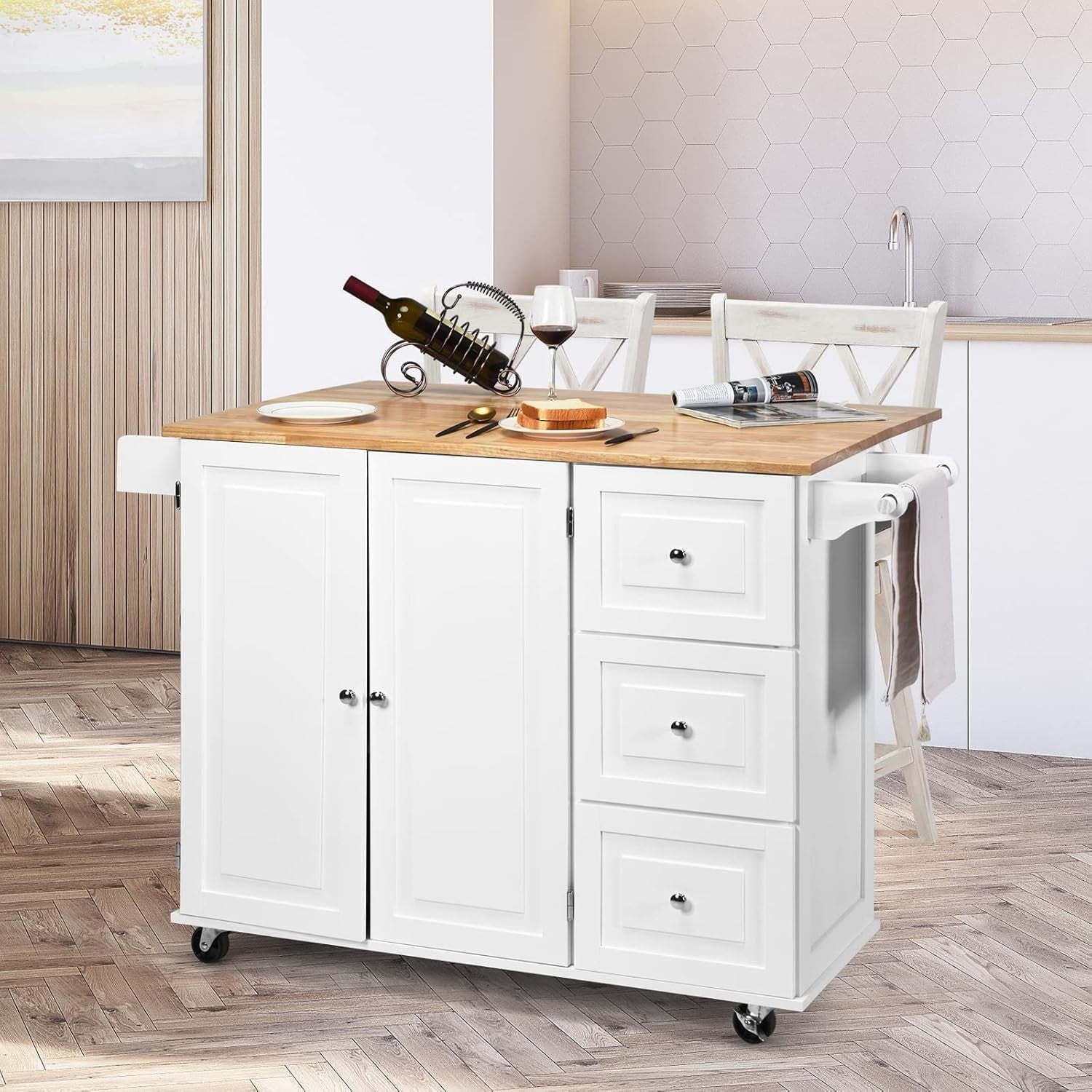 Rolling Kitchen Island Cart with Extendable Wood Top, 3 Drawers & Shelves