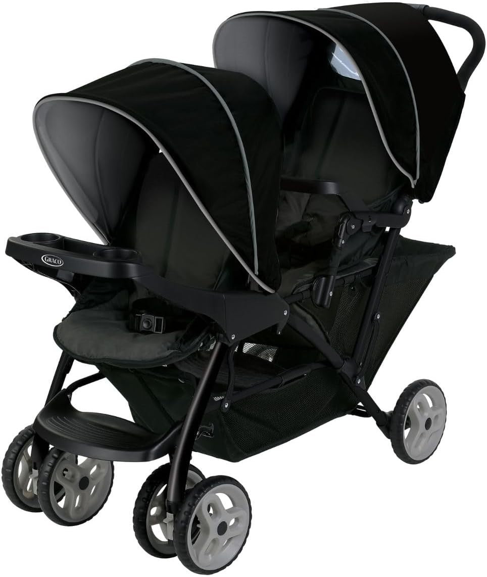 Tandem Double Pushchair from Birth, One-Hand Fold, Recline Seats, Black