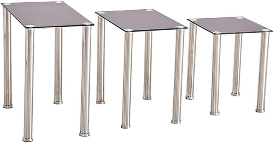 Nest of 3 Modern Coffee Table Set Rectangular Glass Top Chrome Metal Legs Black