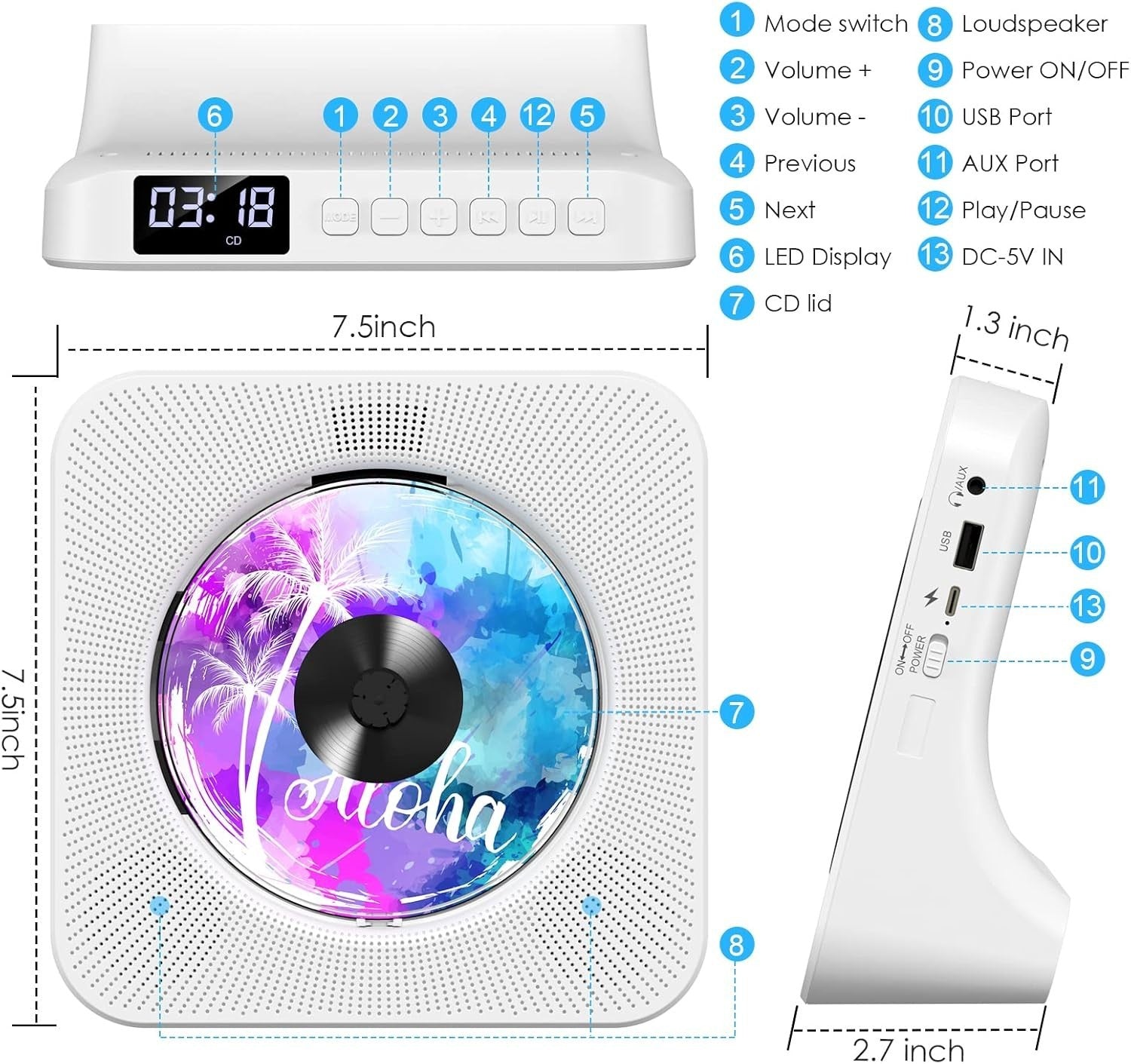 Desktop CD Player Bluetooth Speakers FM Radio USB AUX Remote LCD White