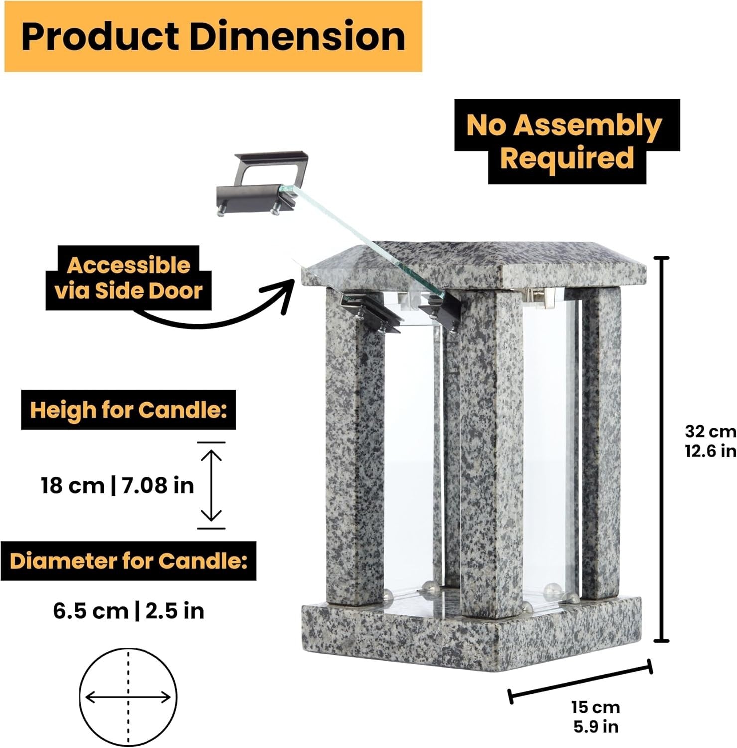 Large Grey Granite Candle Lantern 32cm Square Polished Decor