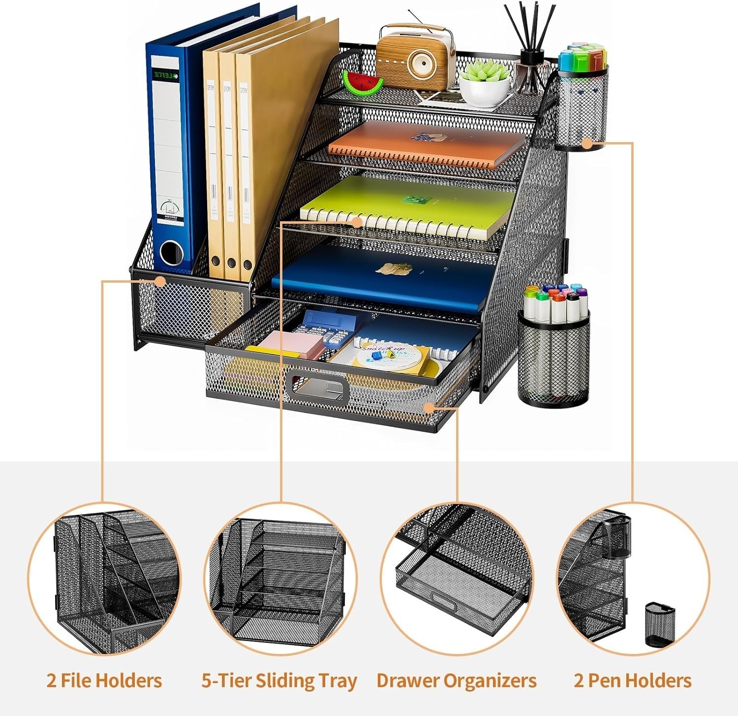 5-Tier Desk Organiser with Drawer & Pen Holders Mesh Desktop Storage