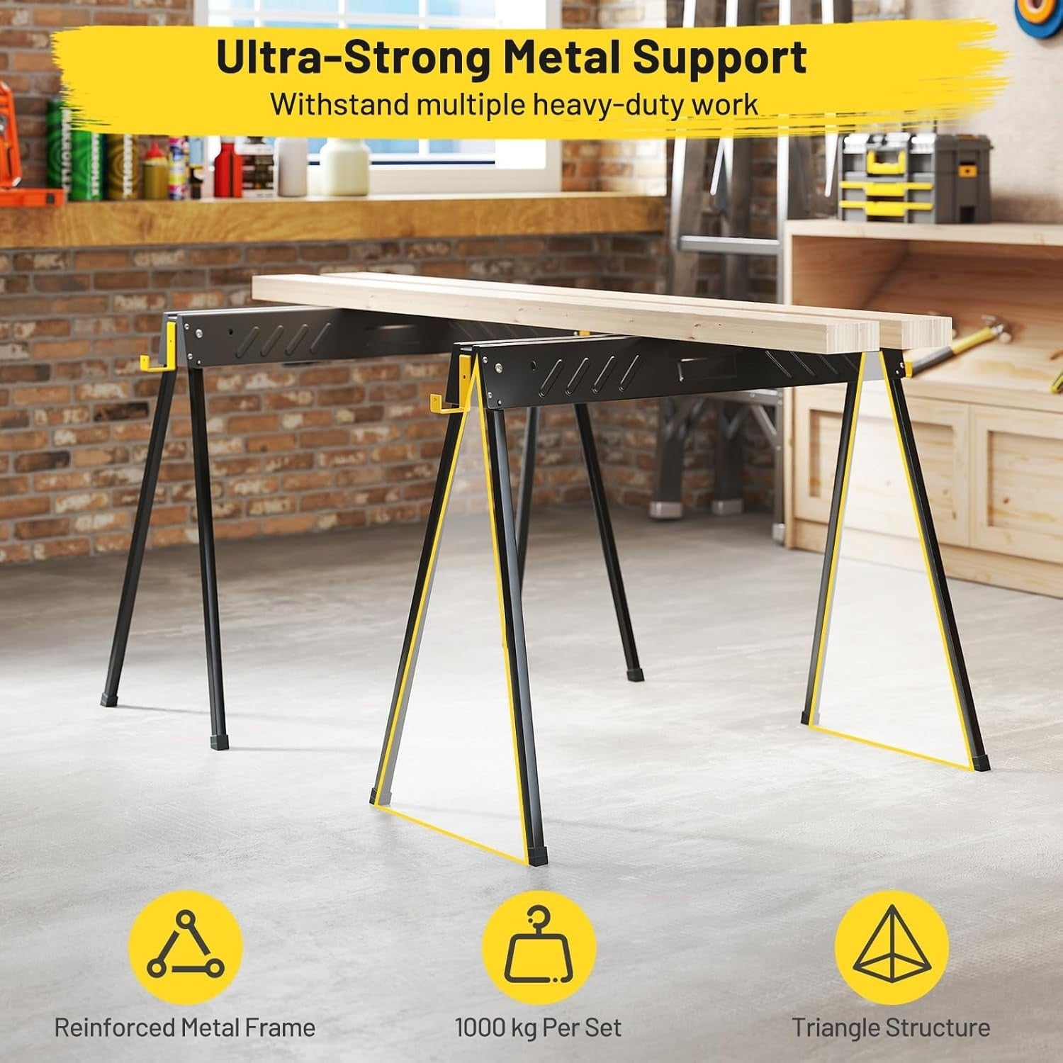 Folding Sawhorse Twin Pack Heavy Duty 1000kg 2x4 Support Arms Black 94x47