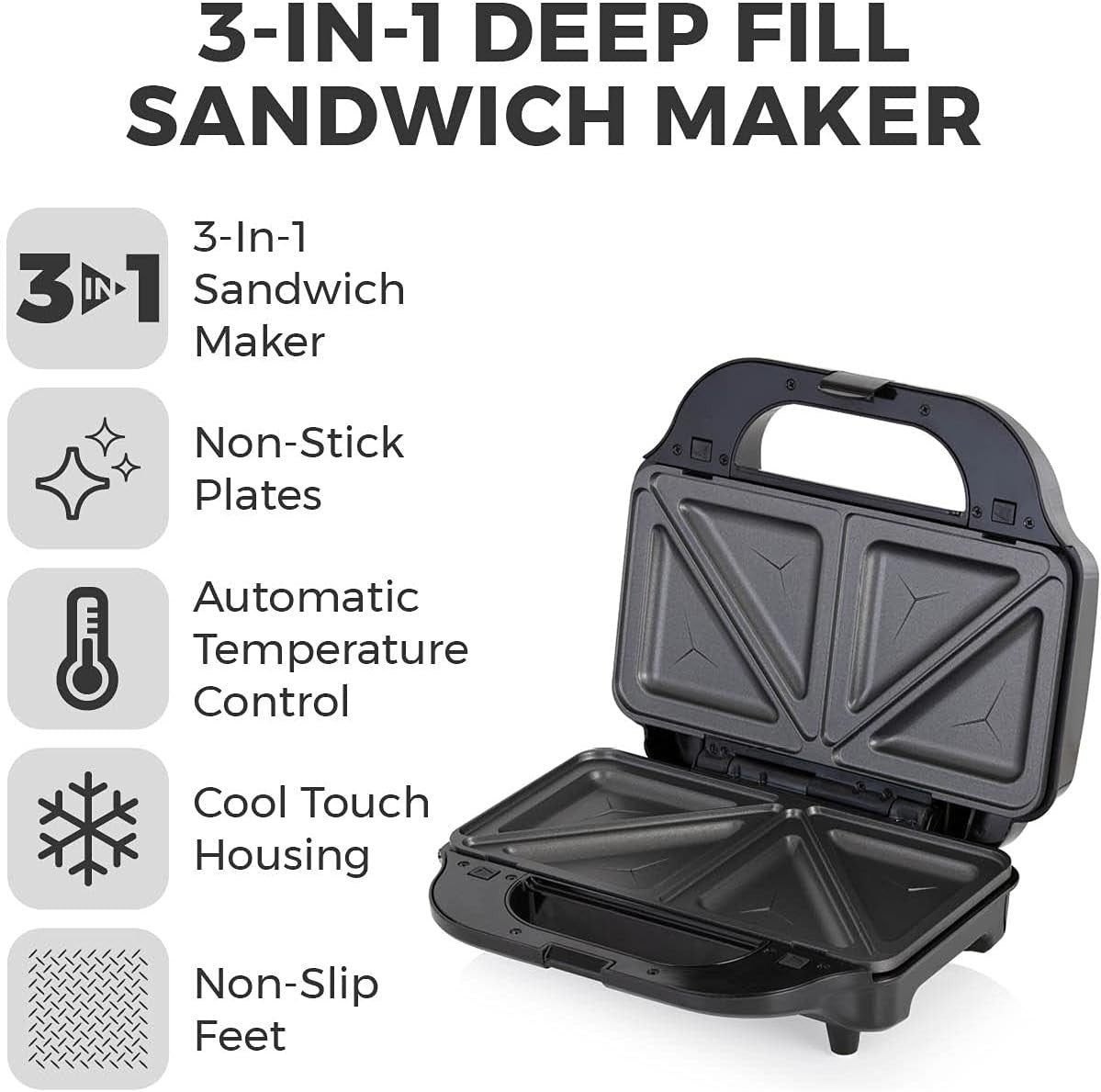 3-in-1 Deep Fill Sandwich & Waffle Maker 900W Non-Stick Plates