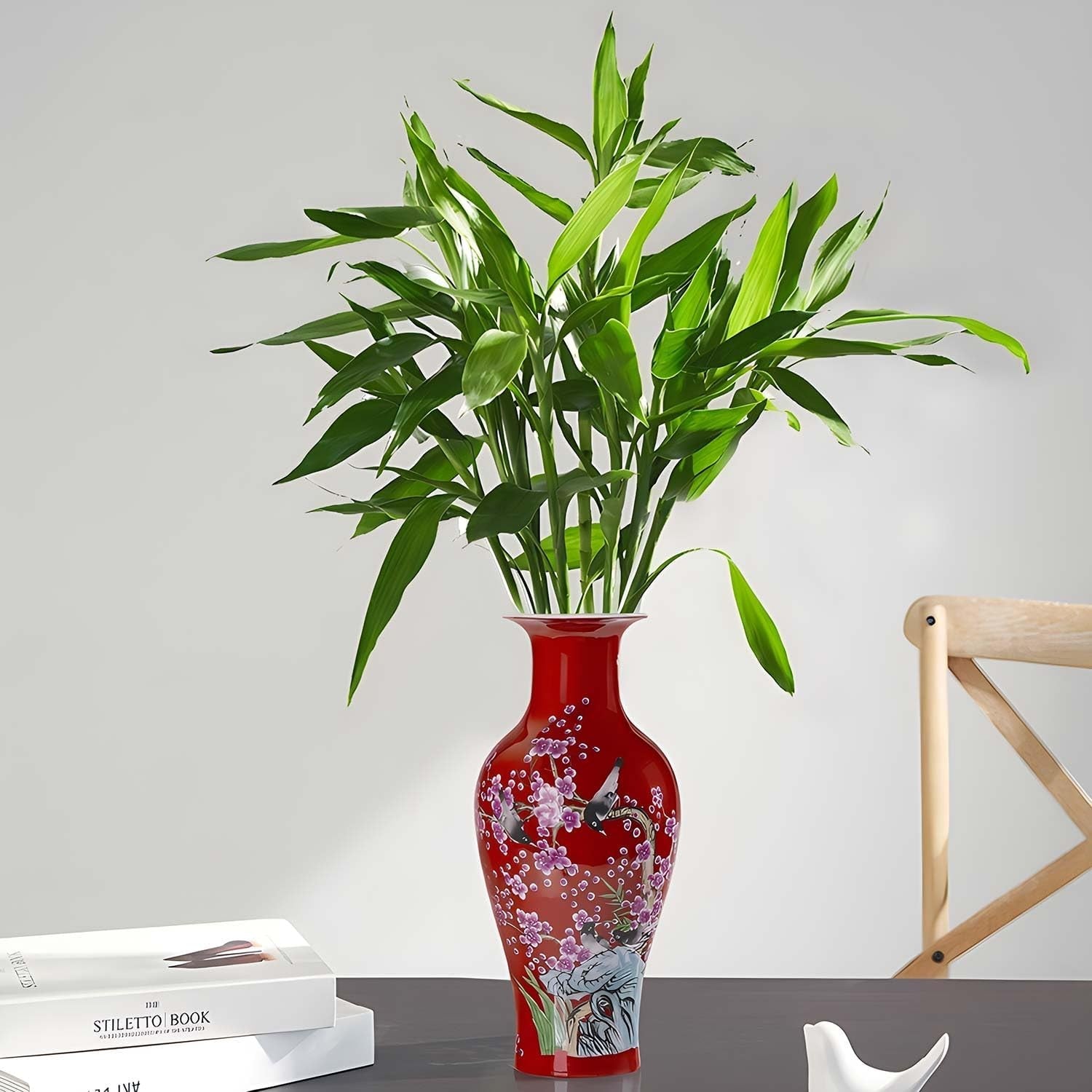 14 Inch Red Ceramic Flower Vase Hand Painted Elegant Table Centerpiece