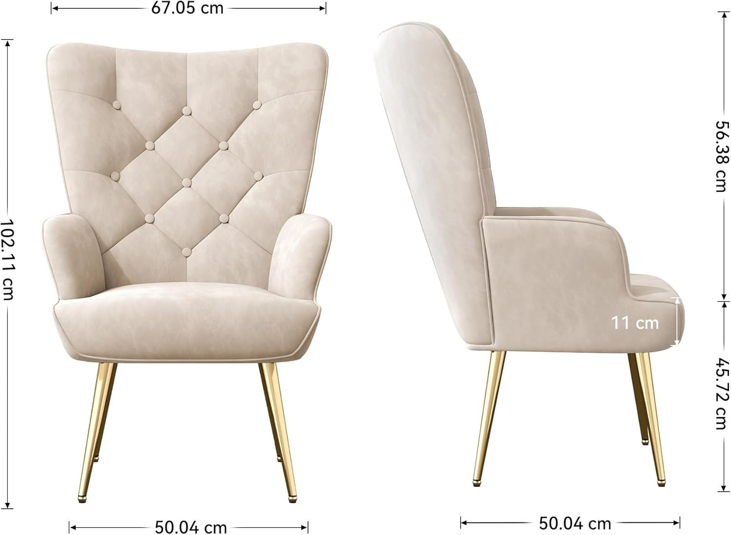 Beige Velvet Wing Back Chair High Back Memory Foam Gold Legs Living Room