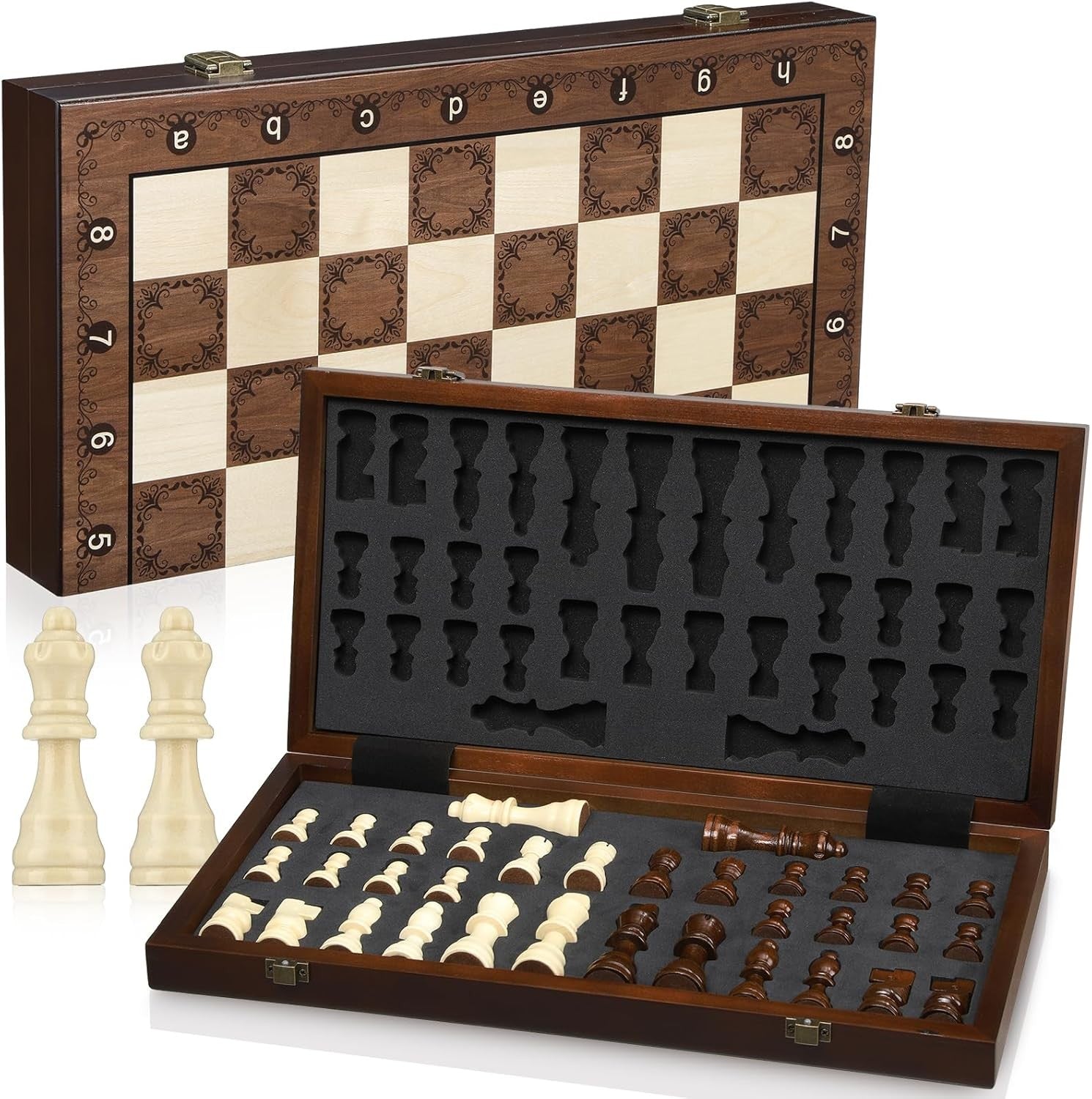 38cm Wooden Magnetic Folding Chess Set with Extra Queens & Storage Case