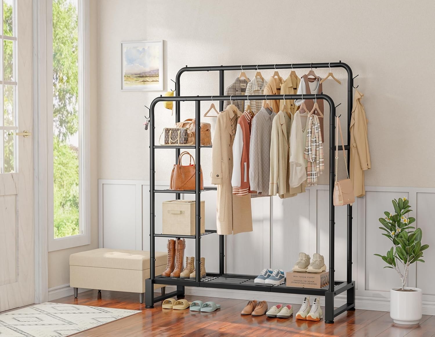 Heavy Duty Double Clothes Rail with Shelves & Hooks 80KG – Brown