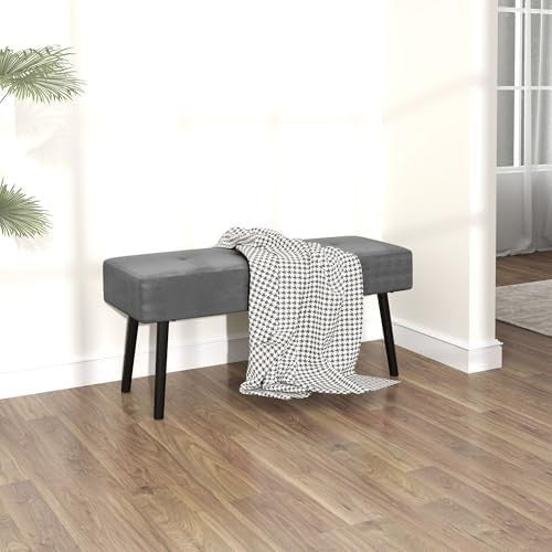 Grey Corduroy End of Bed Bench with Thick Padding & Steel Legs, Living Room