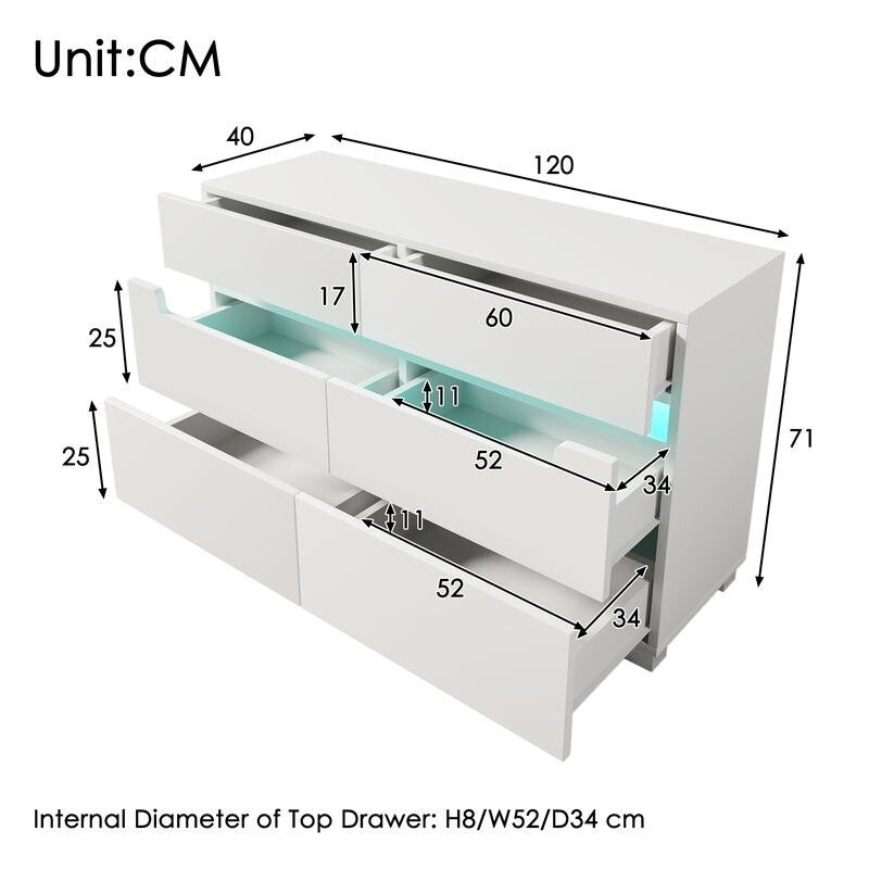 White Sideboard Dresser with RGB LED, 6 Drawers, Storage Chest Unit 120cm