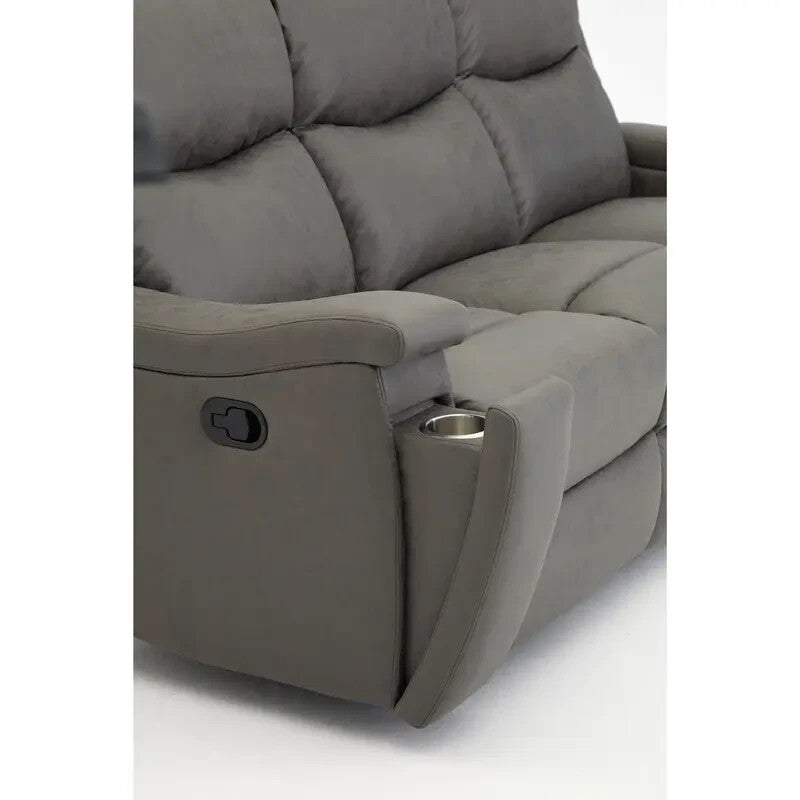 Grey Faux Leather 3 Seater Recliner Sofa with Cup Holders & Lumbar Support