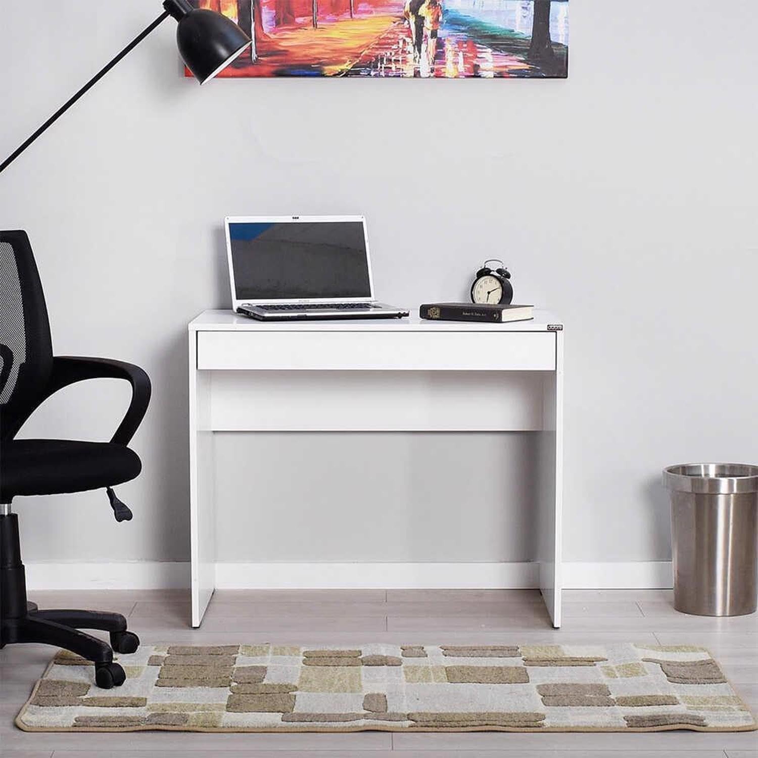 White Compact Desk 90x55cm with Full Drawer Matt Finish Home Office Table