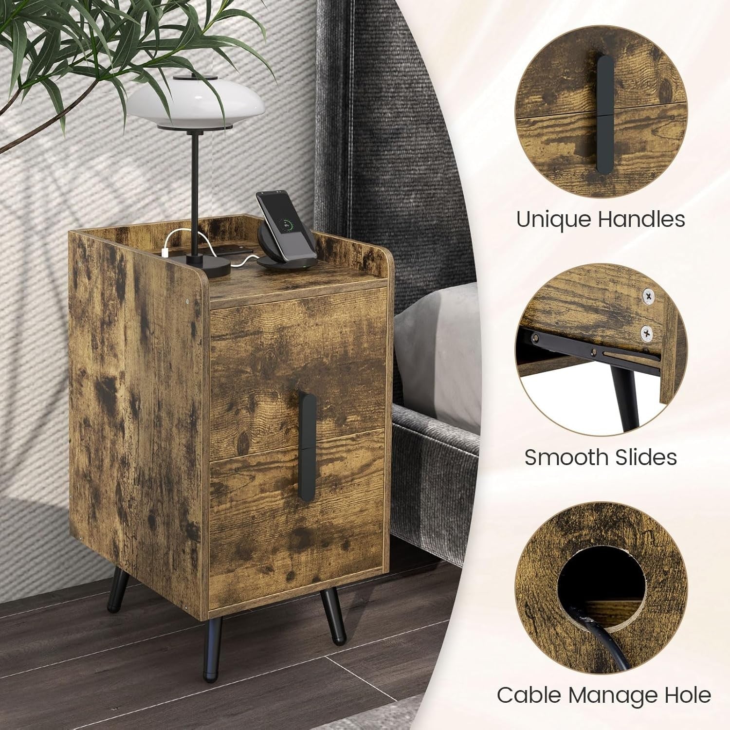 Slim Rustic Bedside Table with Charging Ports, 2-Drawer Narrow Nightstand