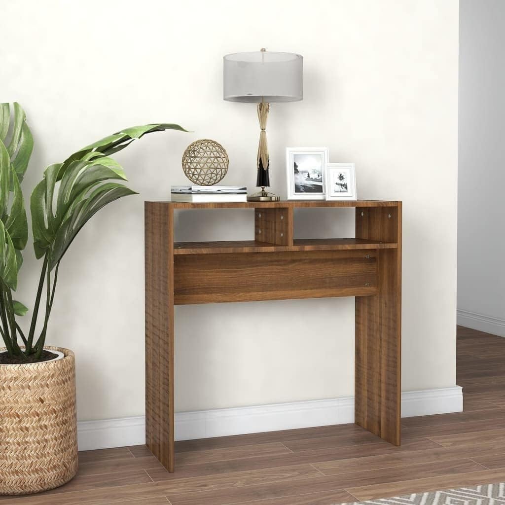 Compact Modern Console Table with Storage, Brown Oak, 105x30x80cm