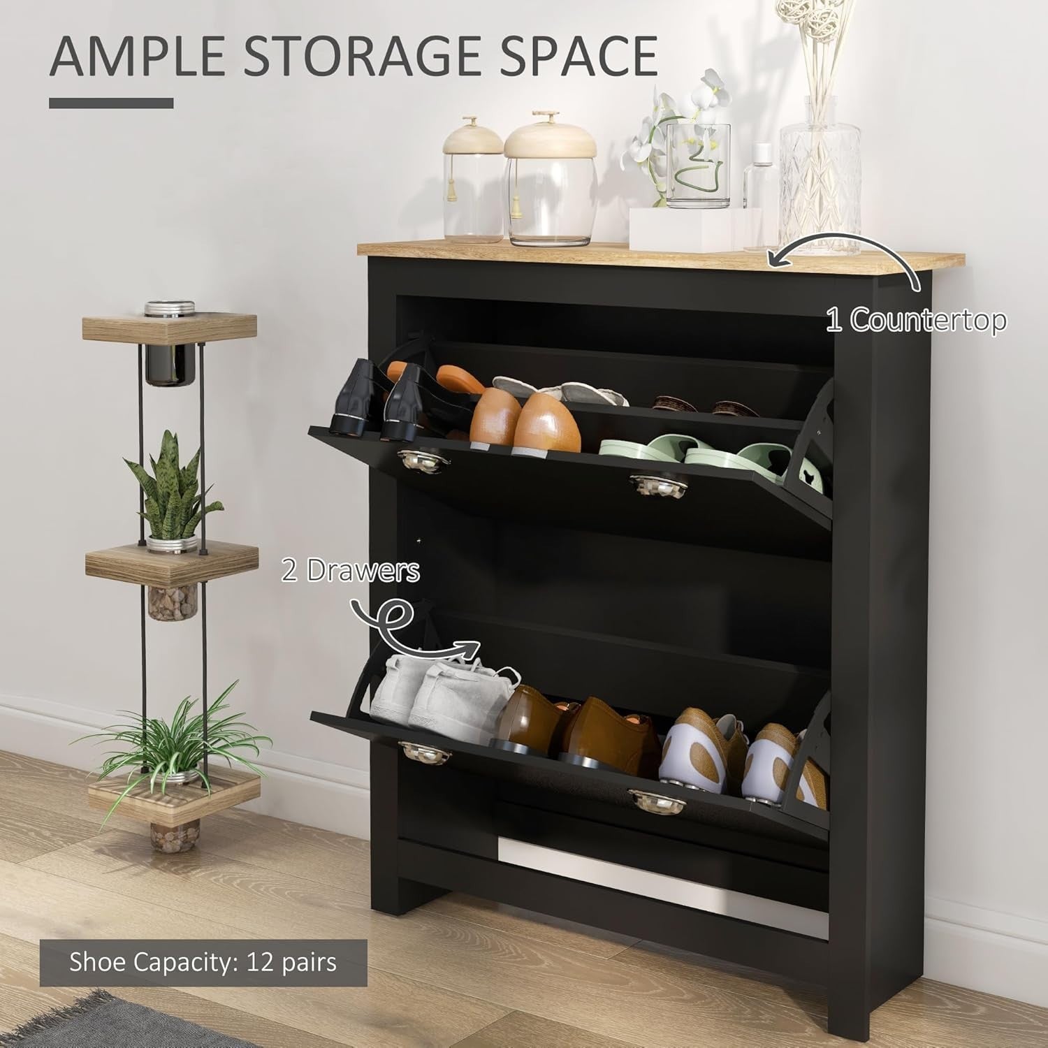 2-Drawer Narrow Shoe Cabinet with Flip Doors & Adjustable Shelves Black