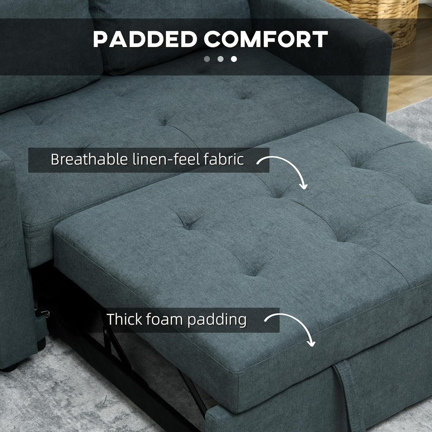 2 Seater Sofa Bed Grey – Pull Out Guest Bed with Storage & Cushions