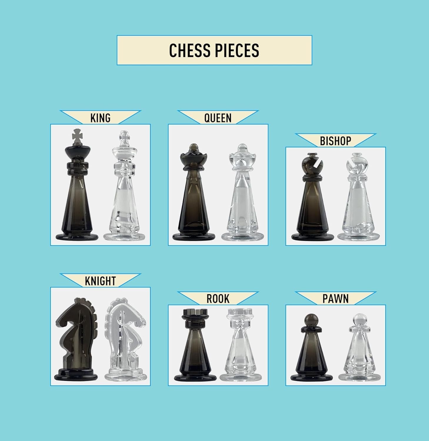 Transparent Magnetic Chess Pieces Set 51mm King w/ Extra Queens