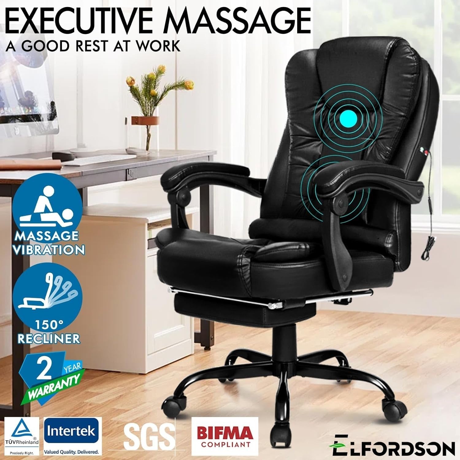 Grey Massage Office Chair Recliner Footrest Heated Ergonomic PU Leather