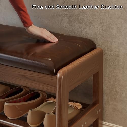 Small Flip-Top Shoe Bench with Cushion | 2-Tier Walnut Shoe Rack for Entryway