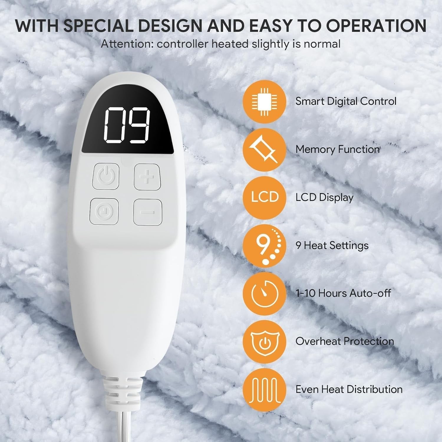 Electric Heated Throw Blanket 180x130cm Blue Auto Shut Off 9 Heat Levels