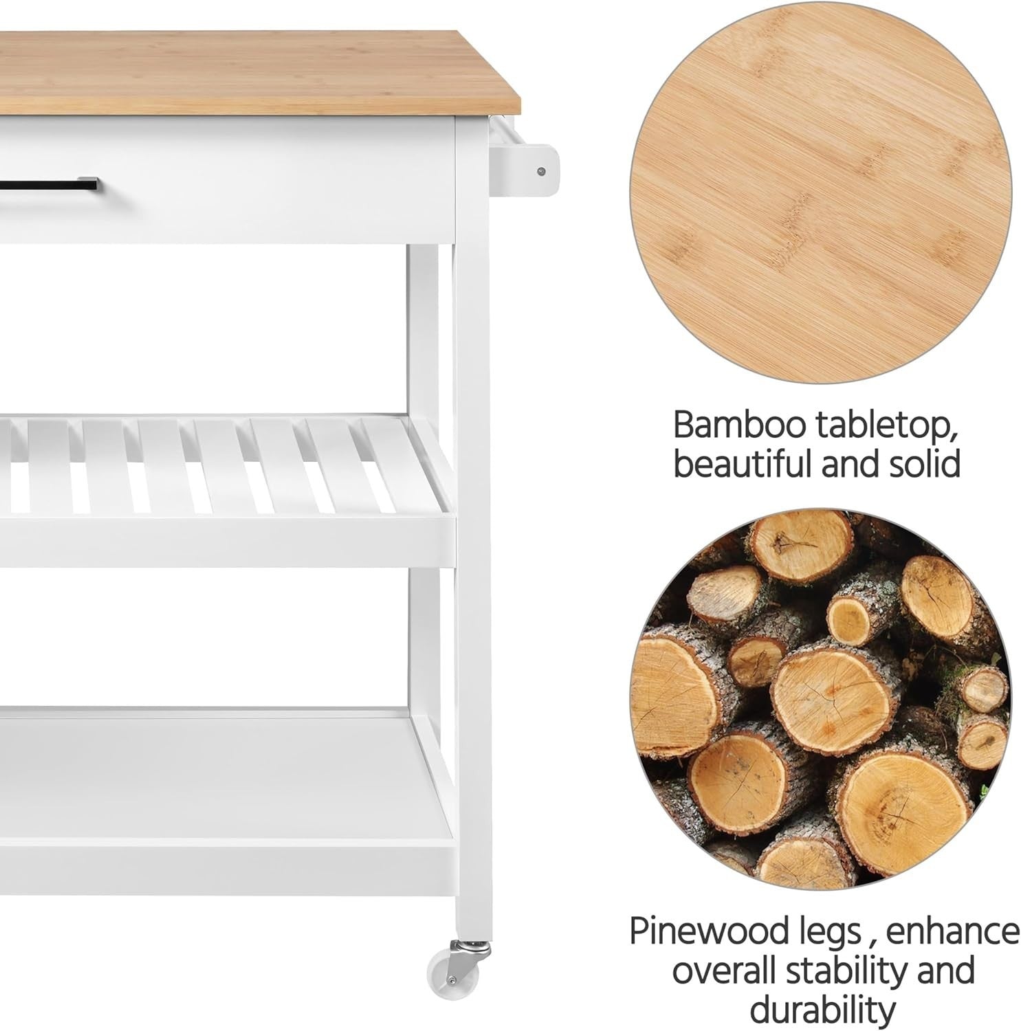 White Rolling Kitchen Island Trolley with Bamboo Worktop, Drawer & Shelves