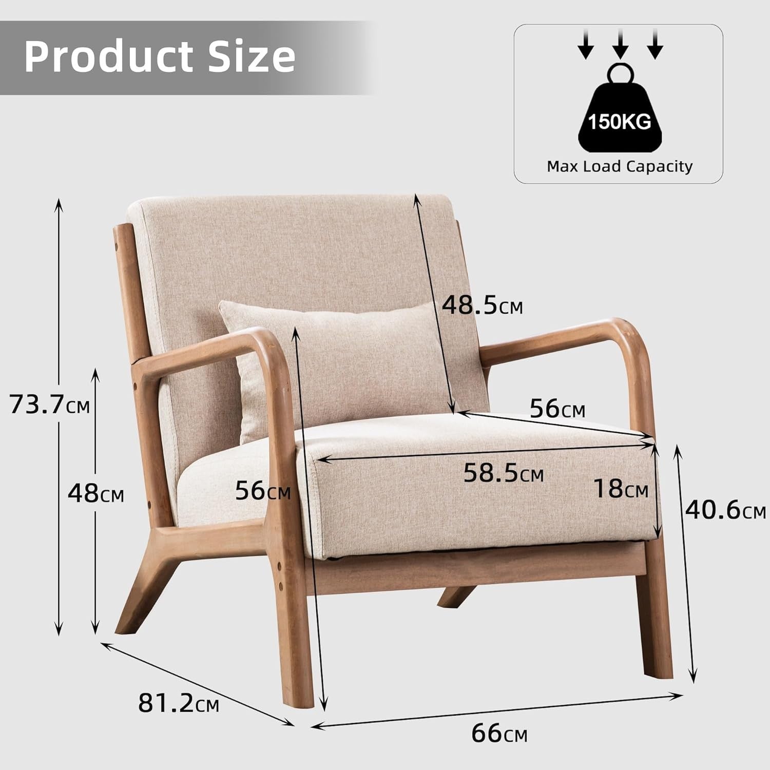 Beige Mid-Century Armchair with Lumbar Cushion | Solid Wood Lounge Chair