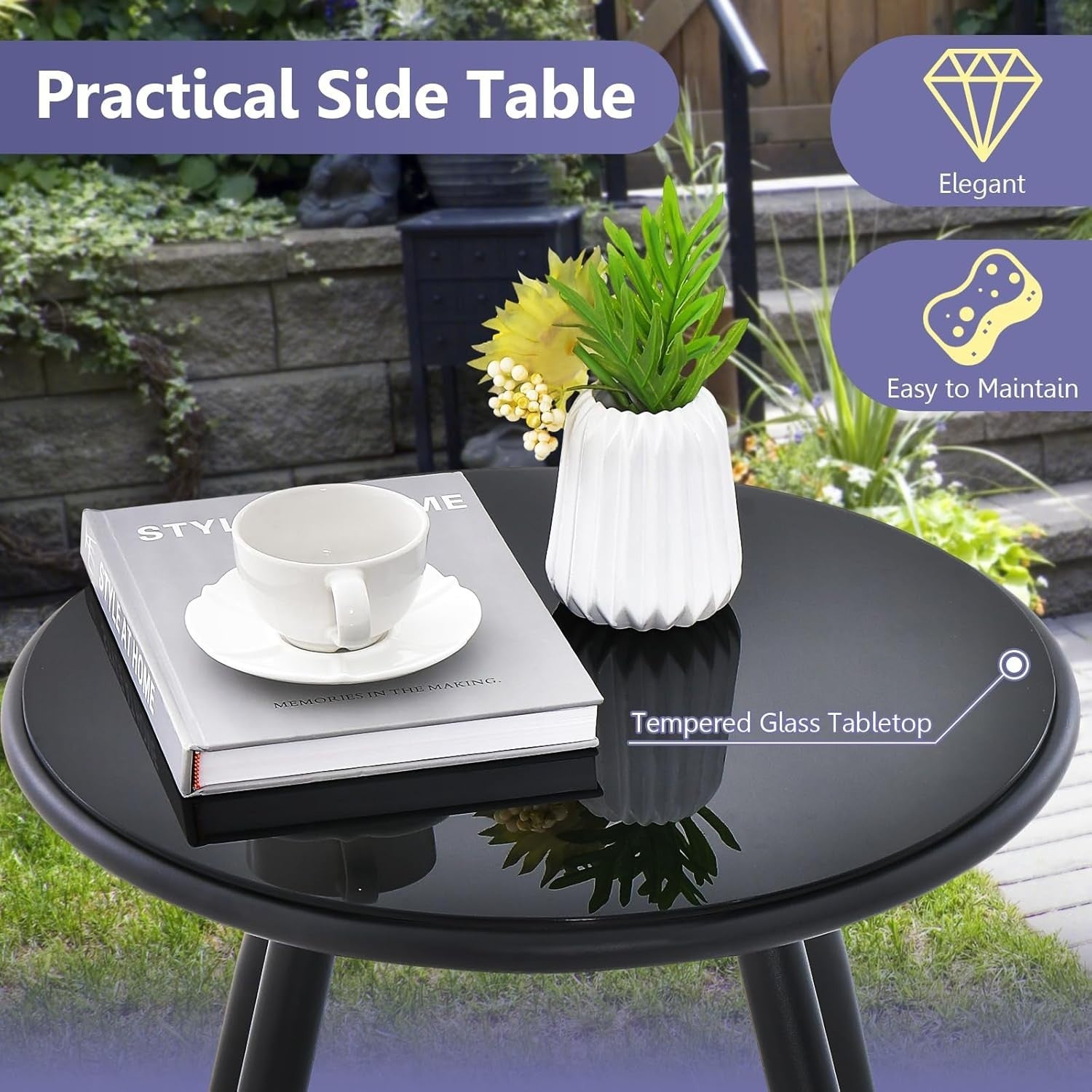3pc Outdoor Rattan Bistro Set Chairs & Glass Table for Patio Garden