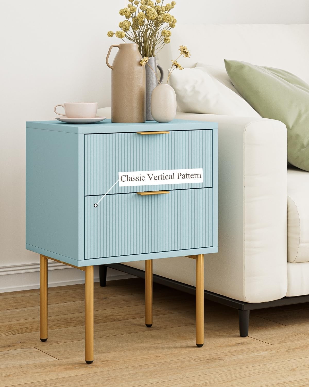 Blue Bedside Table with 2 Drawers & Gold Legs | Modern Nightstand