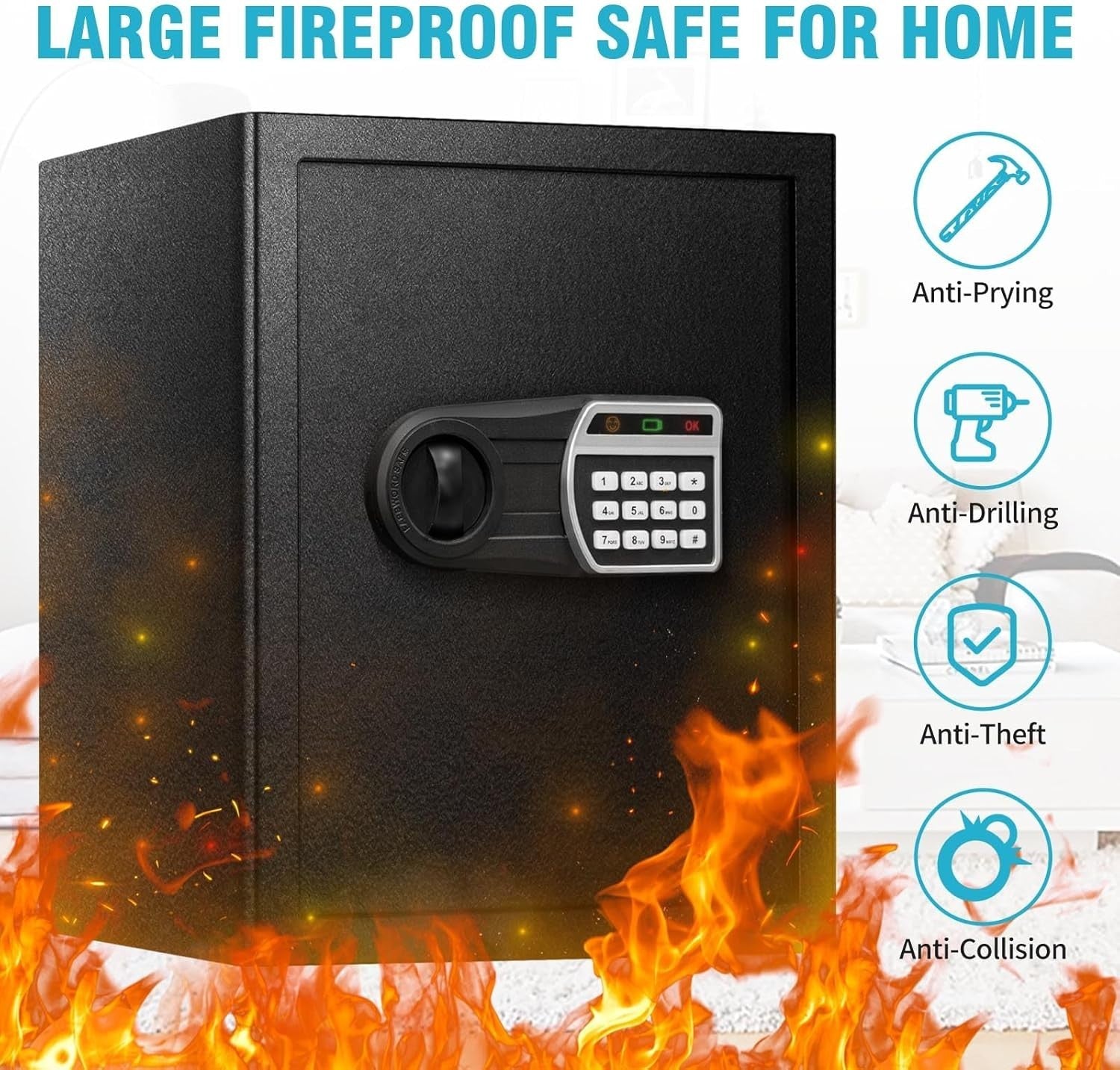 50L Fireproof Safe Box Digital Keypad Security Safe with LED Light