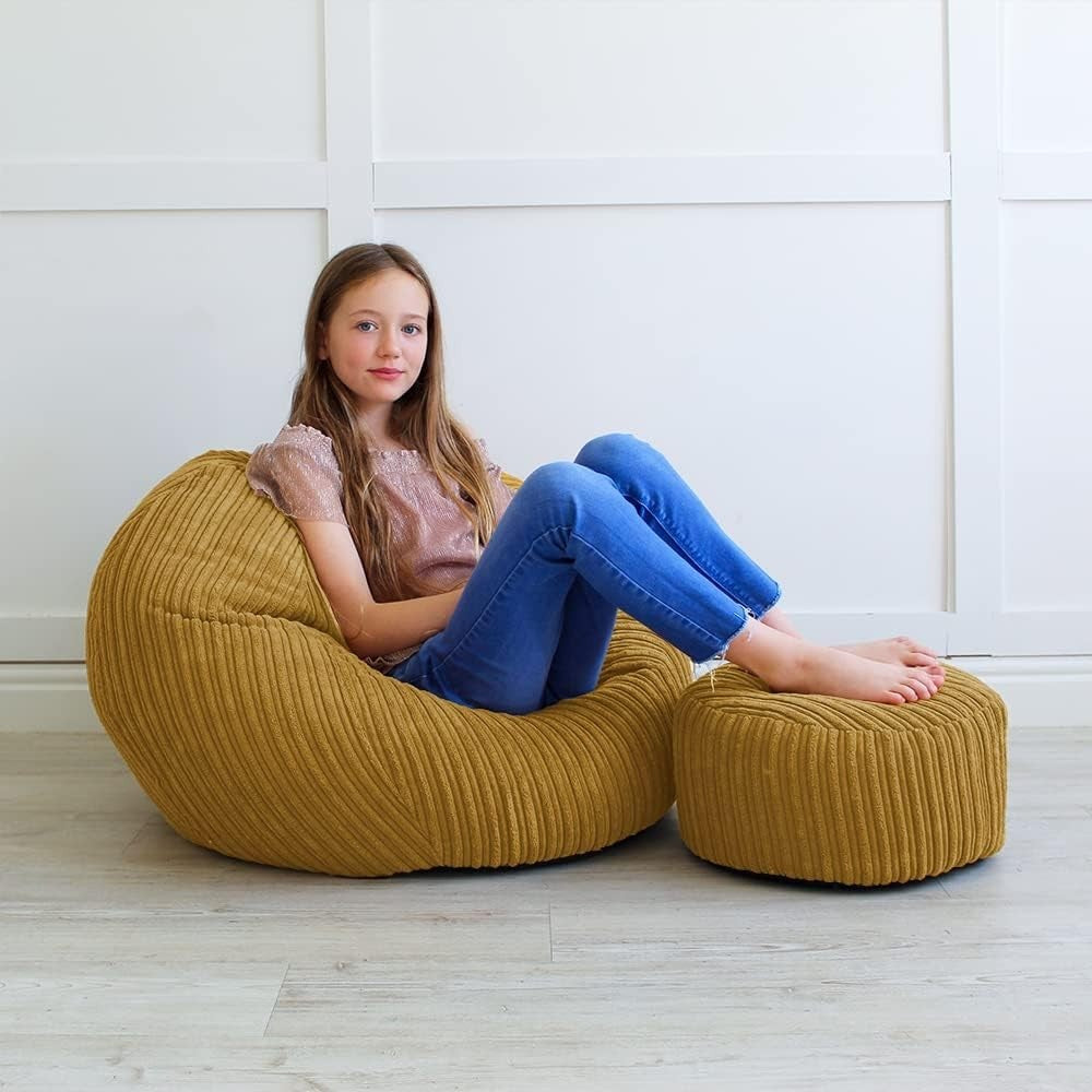 Kids Bean Bag Chair Mustard Cord 60x80cm with Footstool Washable Set