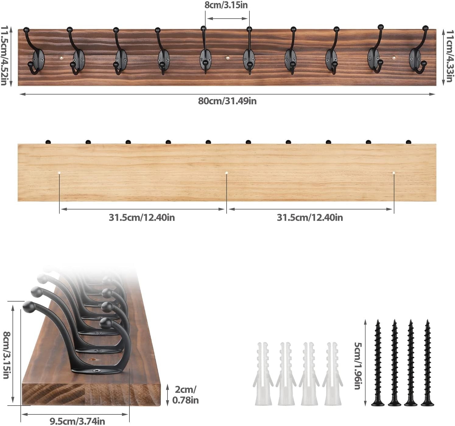 Vintage Wall Mounted Coat Rack 10 Hooks | Wooden Hanging Rack for Coats Hats