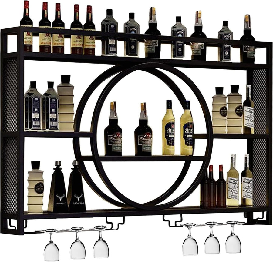 Wall Mounted Wine Rack with Glass Holder Modern Metal Bar Shelf 120cm Black