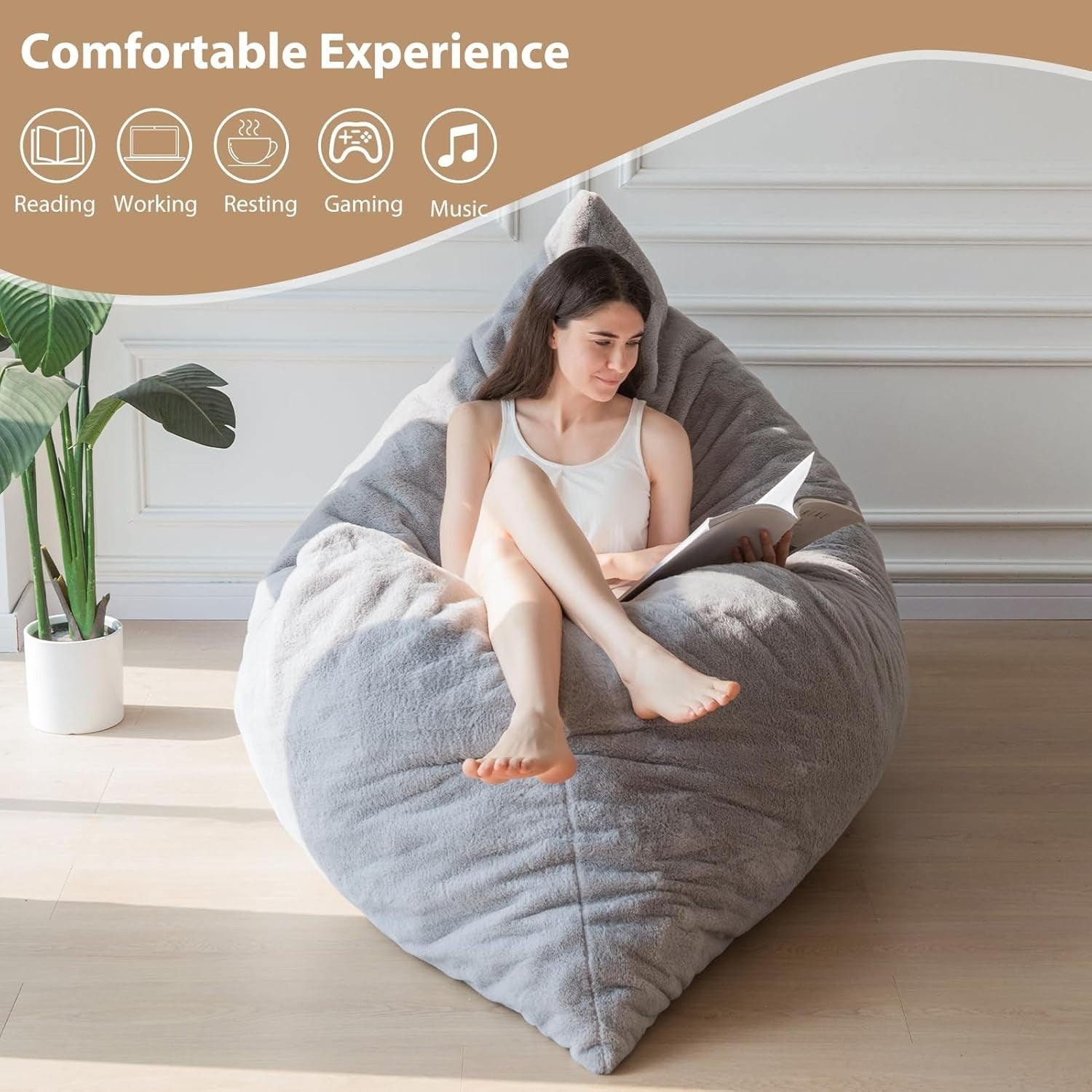 150x200cm Grey Bean Bag Bed Chair | Plush Foldable Floor Sofa Guest Use
