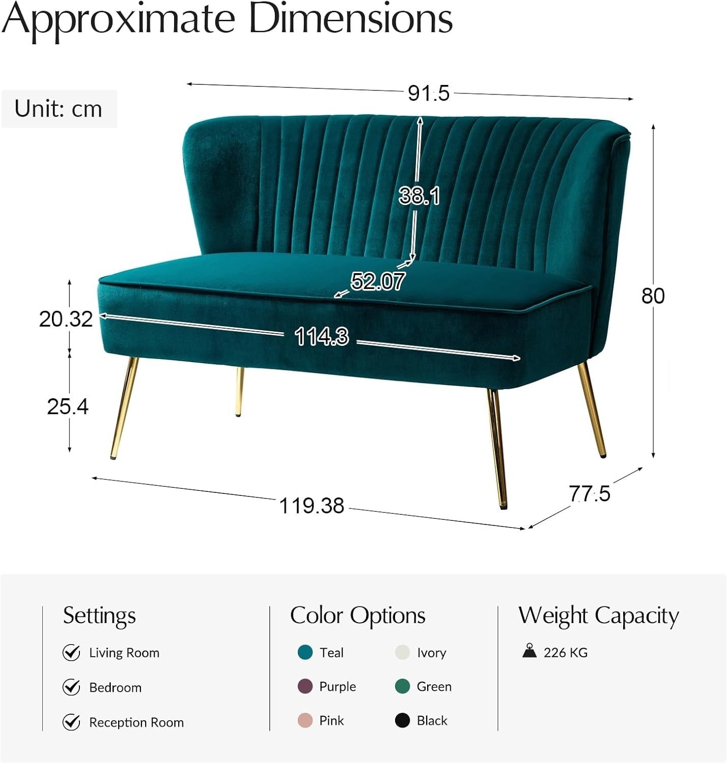 Teal Velvet 2 Seater Sofa Armless Loveseat Gold Legs for Lounge or Flat