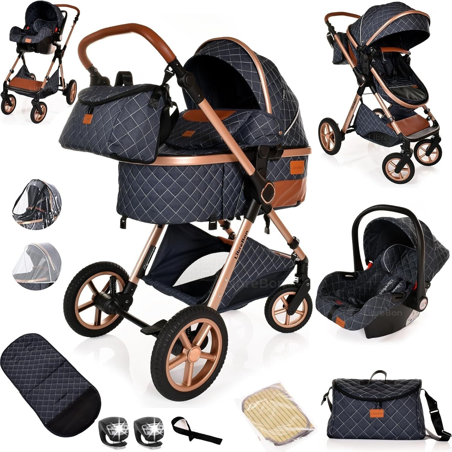 3-in-1 Baby Stroller Travel System Pram Pushchair Foldable Denim Blue