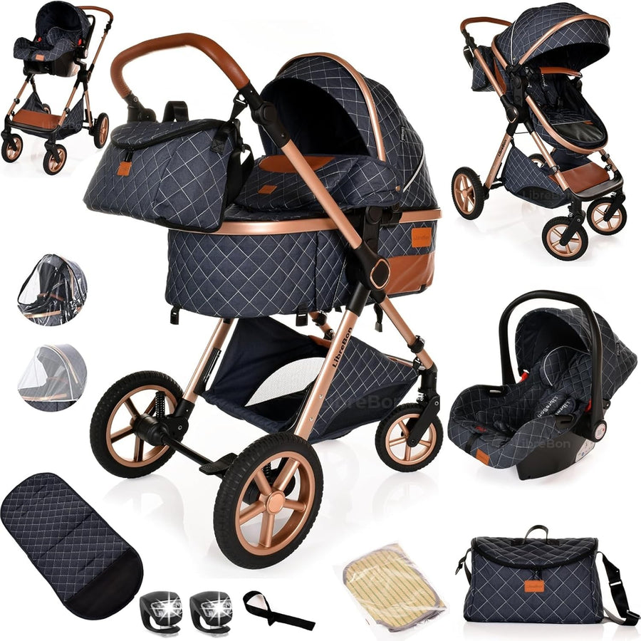 3-in-1 Baby Stroller Travel System Pram Pushchair Foldable Denim Blue