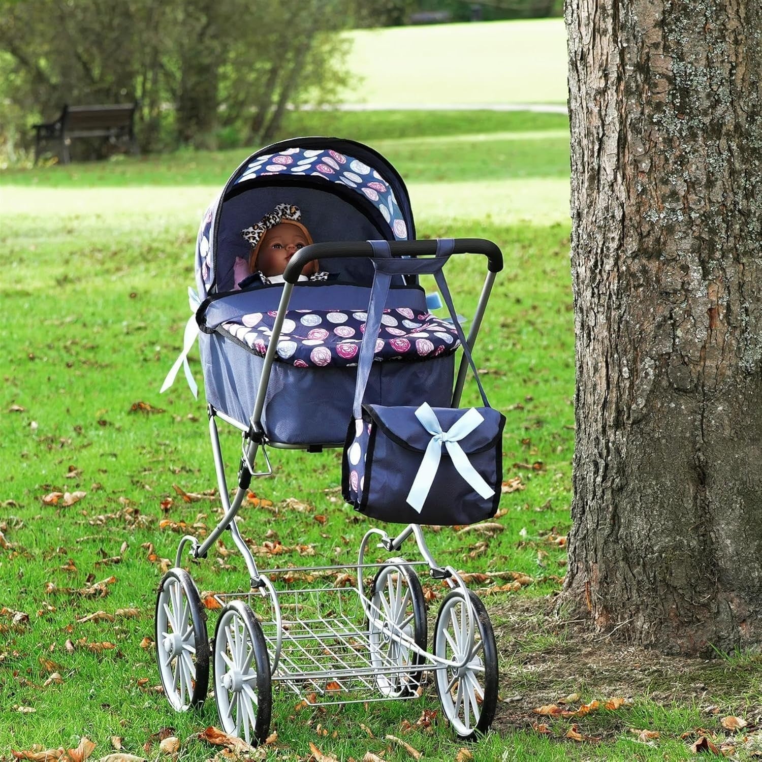 Blue Doll Pram Pushchair with Cot Adjustable Hood Basket Bag