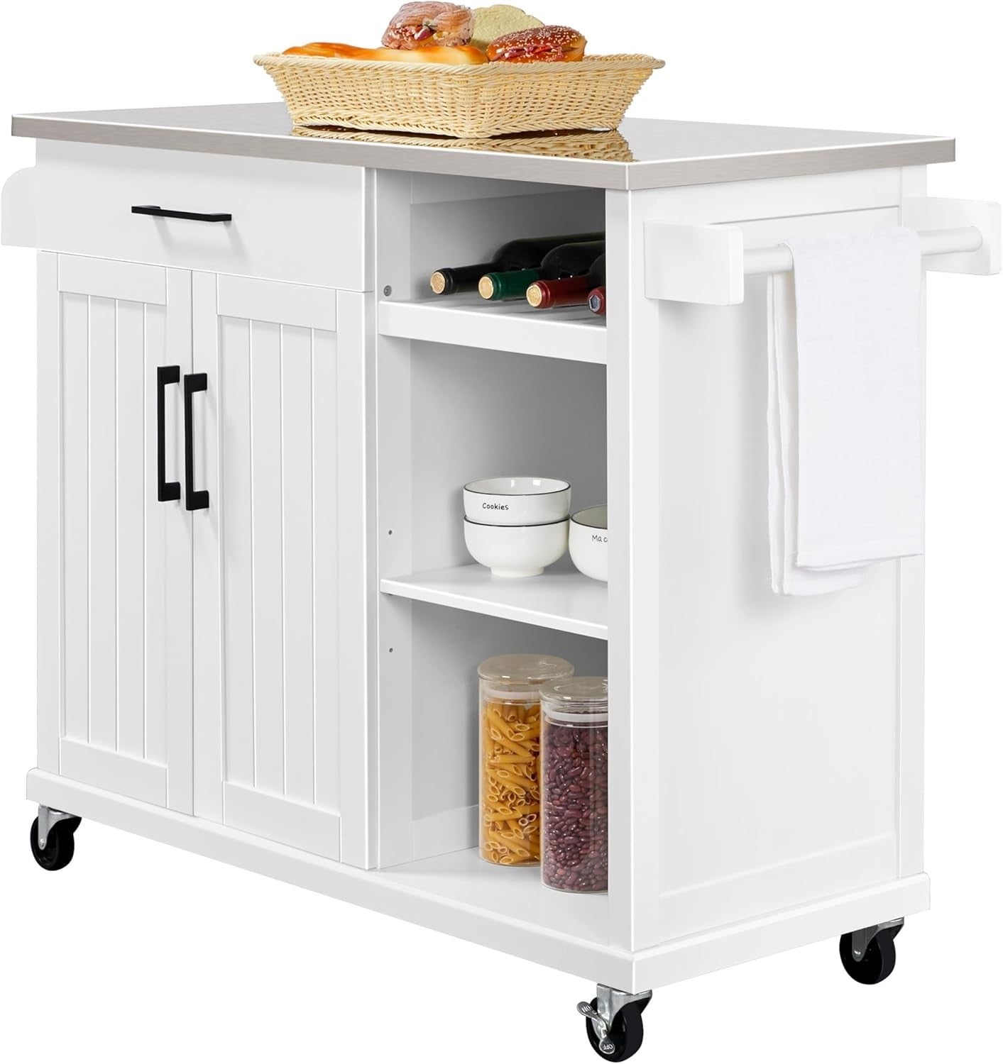 Kitchen Island Cart with Stainless Steel Top, Storage, Spice Rack & Wheels